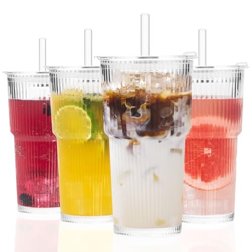 GOSCHE 20oz Glasbecher mit Strohhalmen und Deckeln, gerippte Eiskaffeetassen auslaufsicher